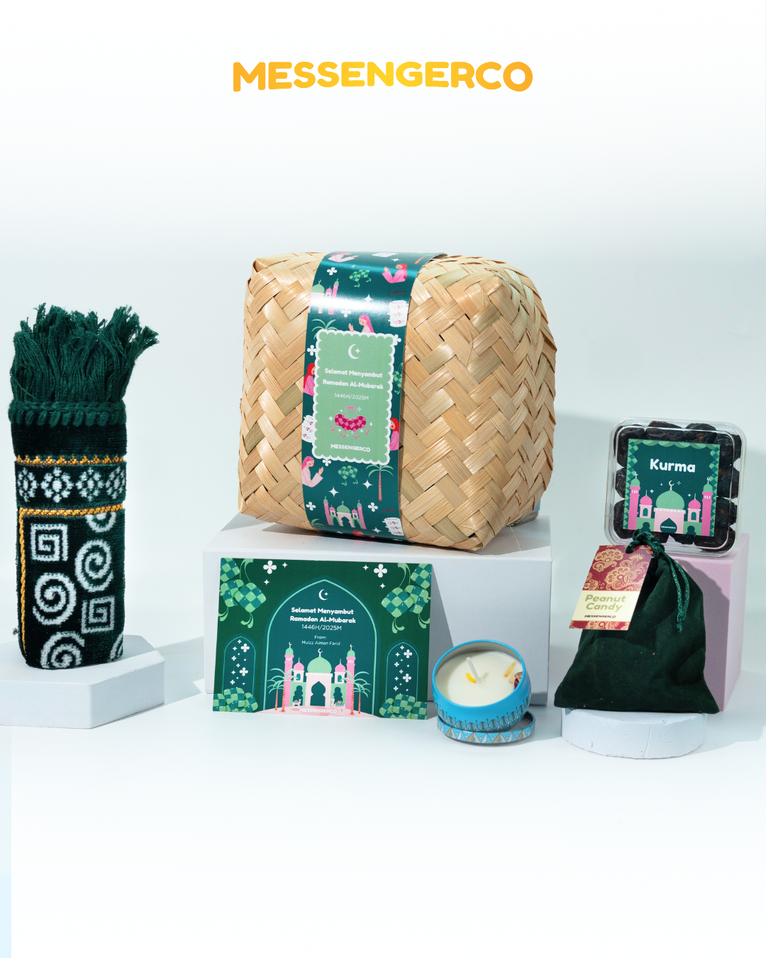 ramadan gift set with pandan box, mini prayer mat, and card curated for bank simpanan nasional