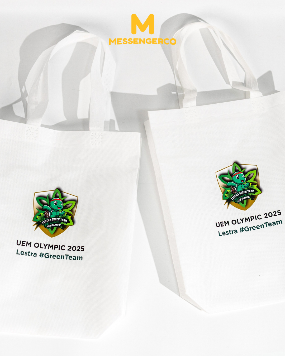 custom white food pack bags with uem olympic 2025 lestra branding designed for corporate event giveaways
