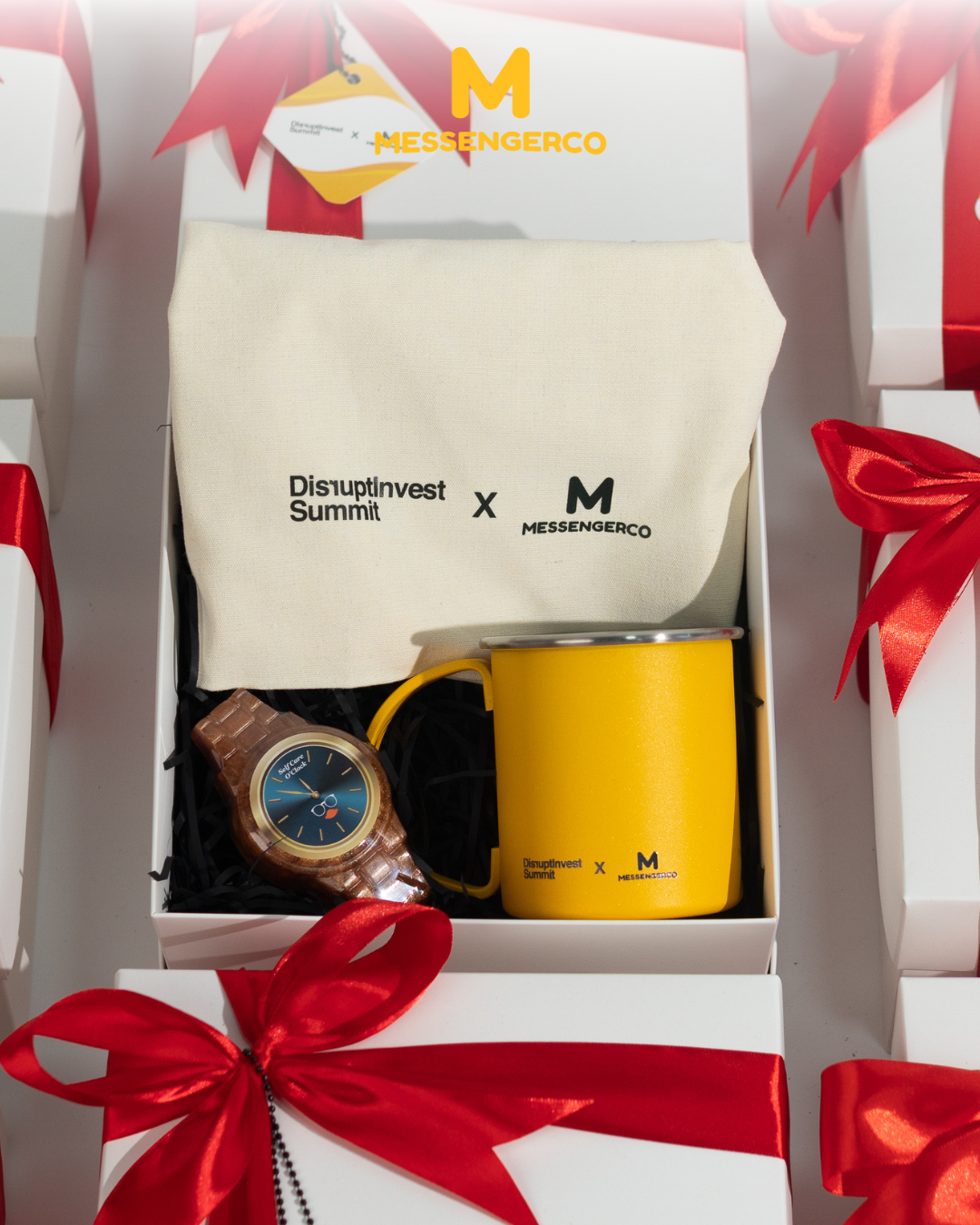 premium appreciation gift box with yellow thermal mug and tote bag customised for disruptinvest summit 2025