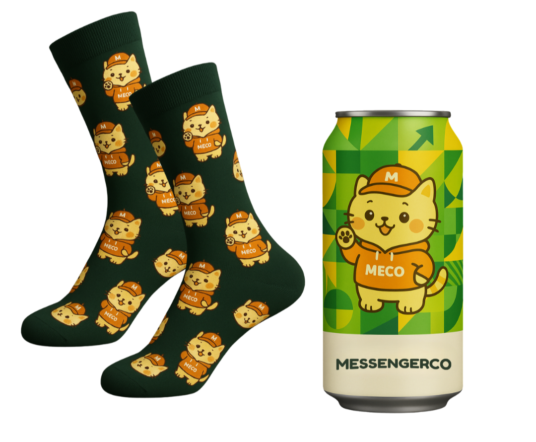 custom socks with meco mascot design and custom tin can to put sock green colour