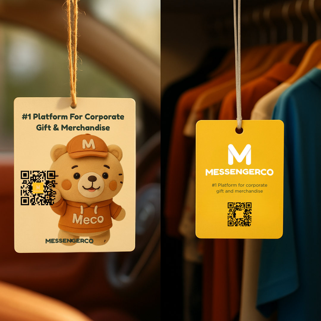 scented hanging card front and back with meco mascot design and greetings