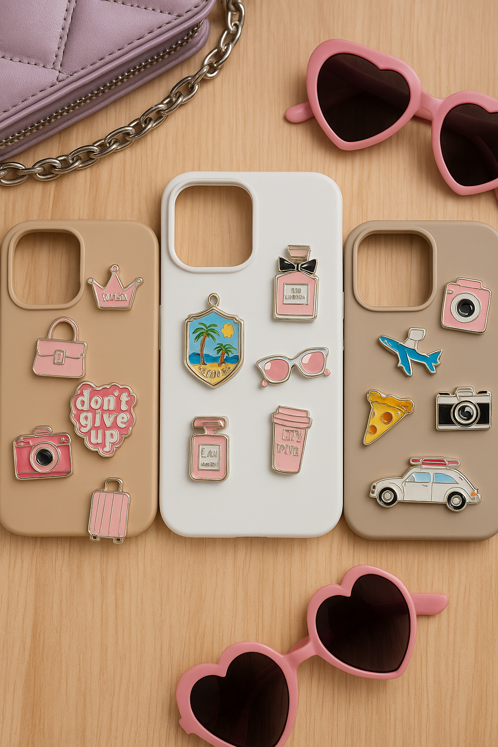 phone cases with multiple enamel phone charms attached pastel colour