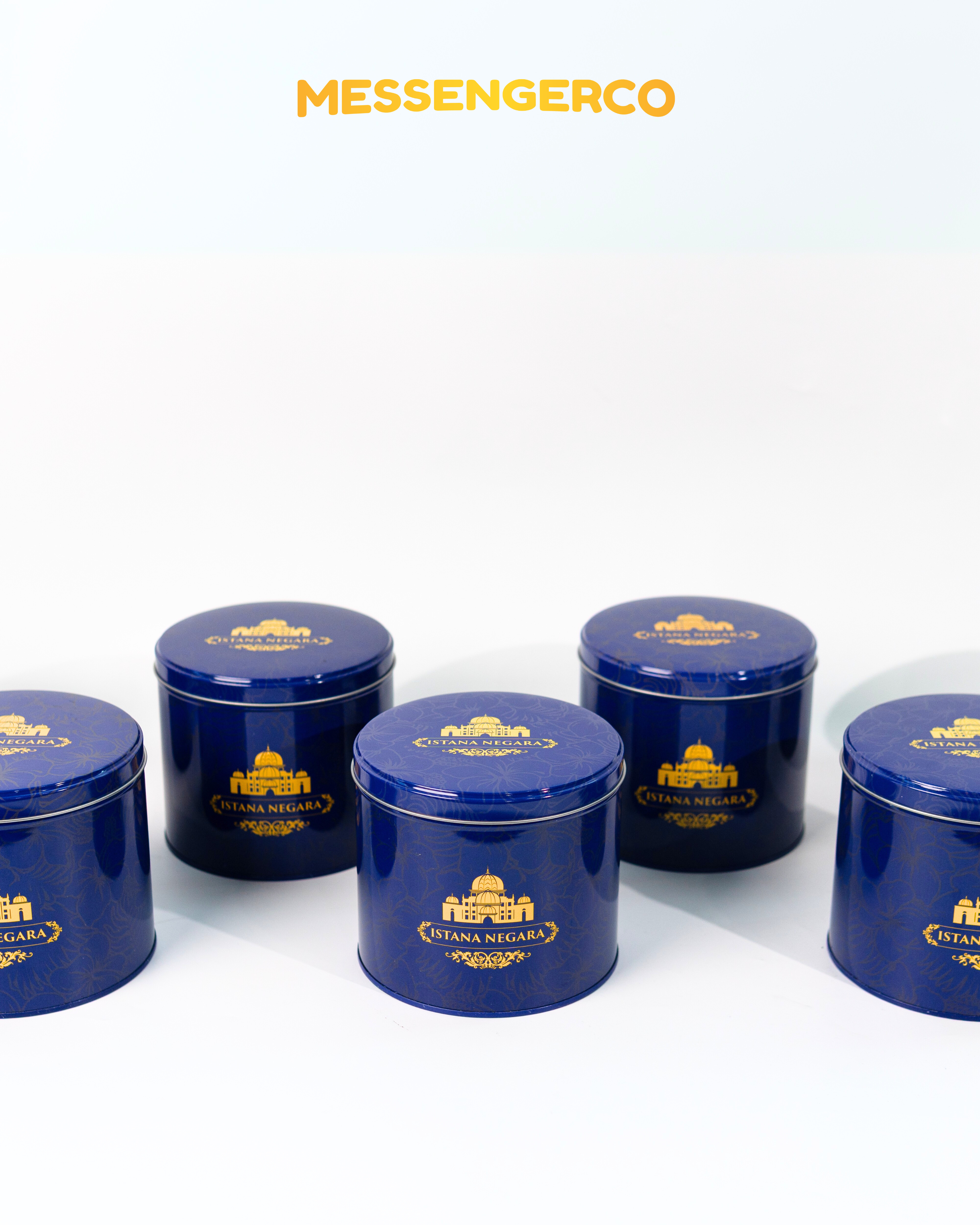 blue cookie tins with gold istana negara logo designed as premium event door gifts