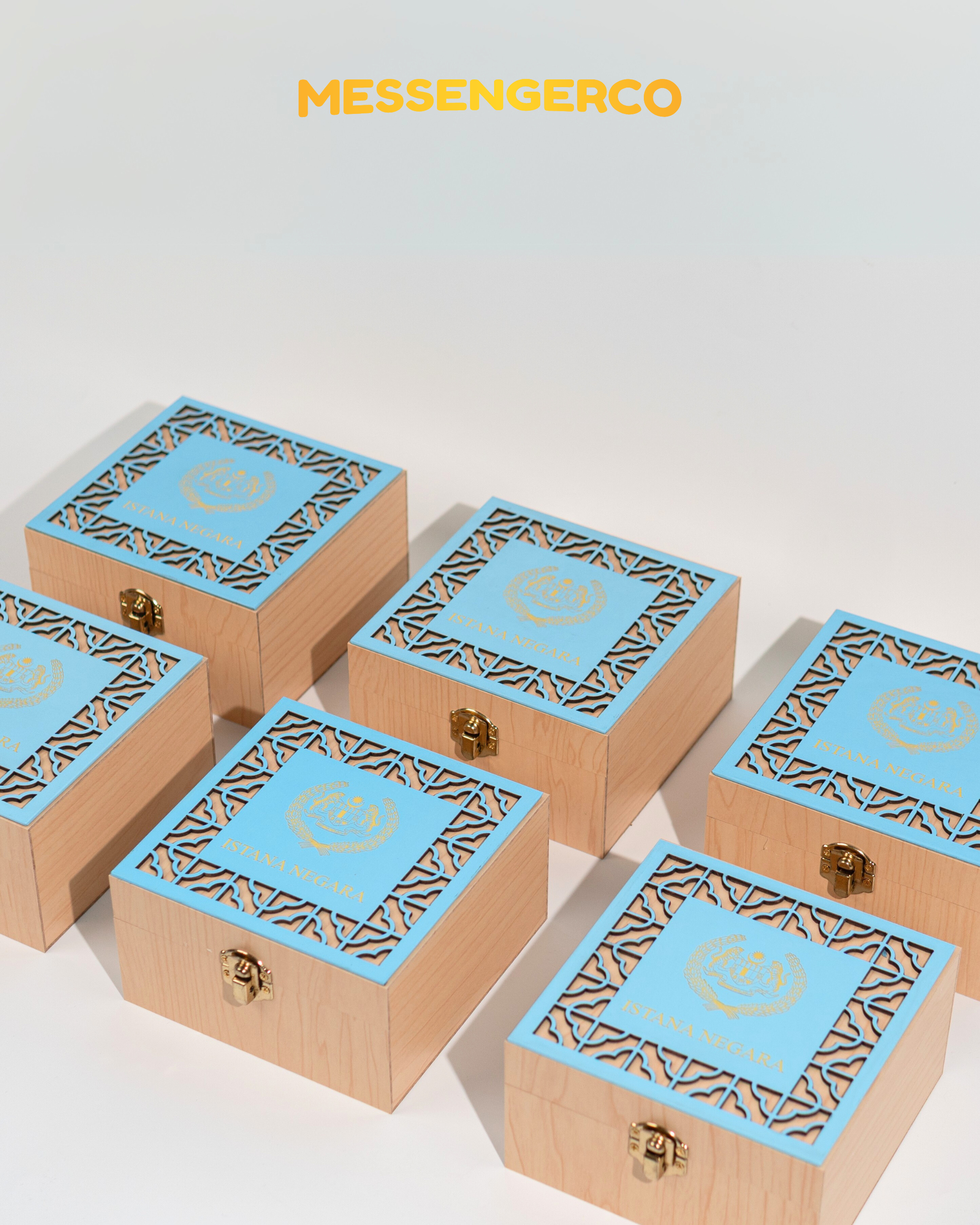 royal blue and gold ramadan gift boxes arranged for istana negara vip gifting