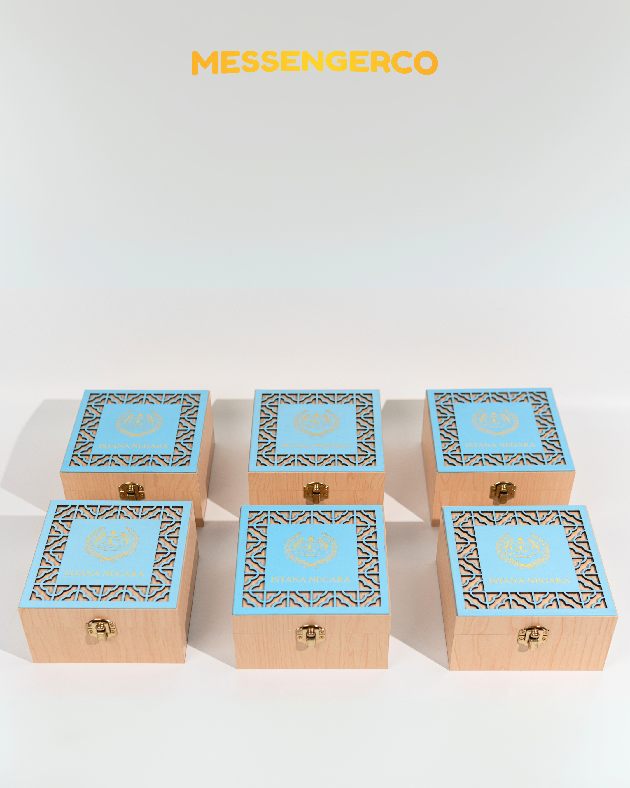 royal blue and gold ramadan gift boxes arranged for istana negara vip gifting