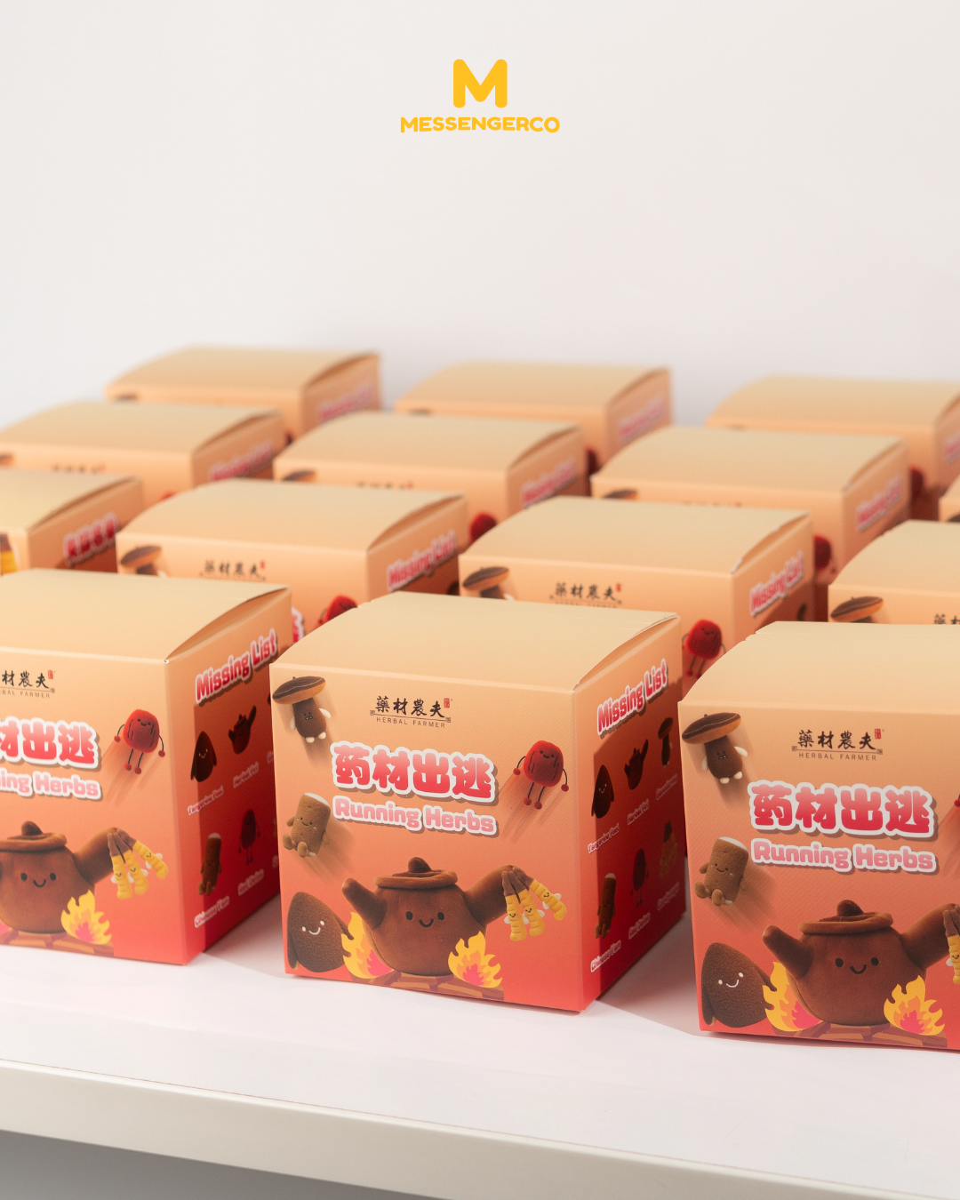 colorful boxed custom plushies neatly arranged for retail display by herbal farmer