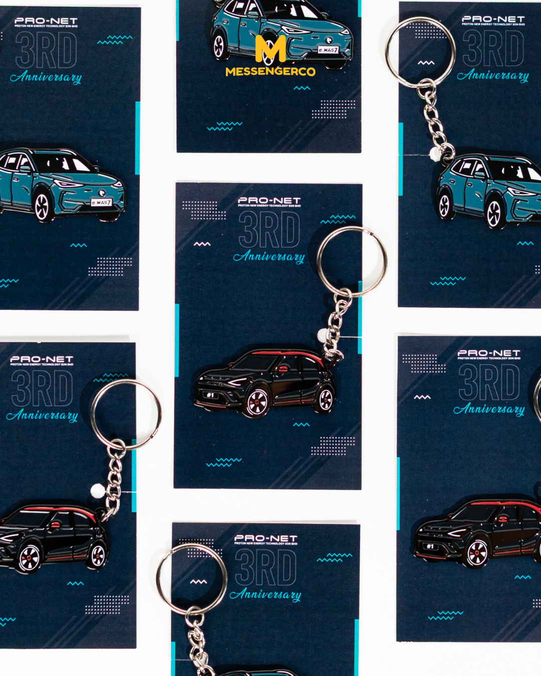 custom car-shaped keychains with proton net branding arranged on blue anniversary cards