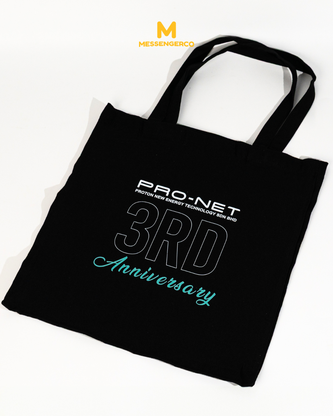 black canvas tote bag with proton net 3rd anniversary logo for promotional merchandise