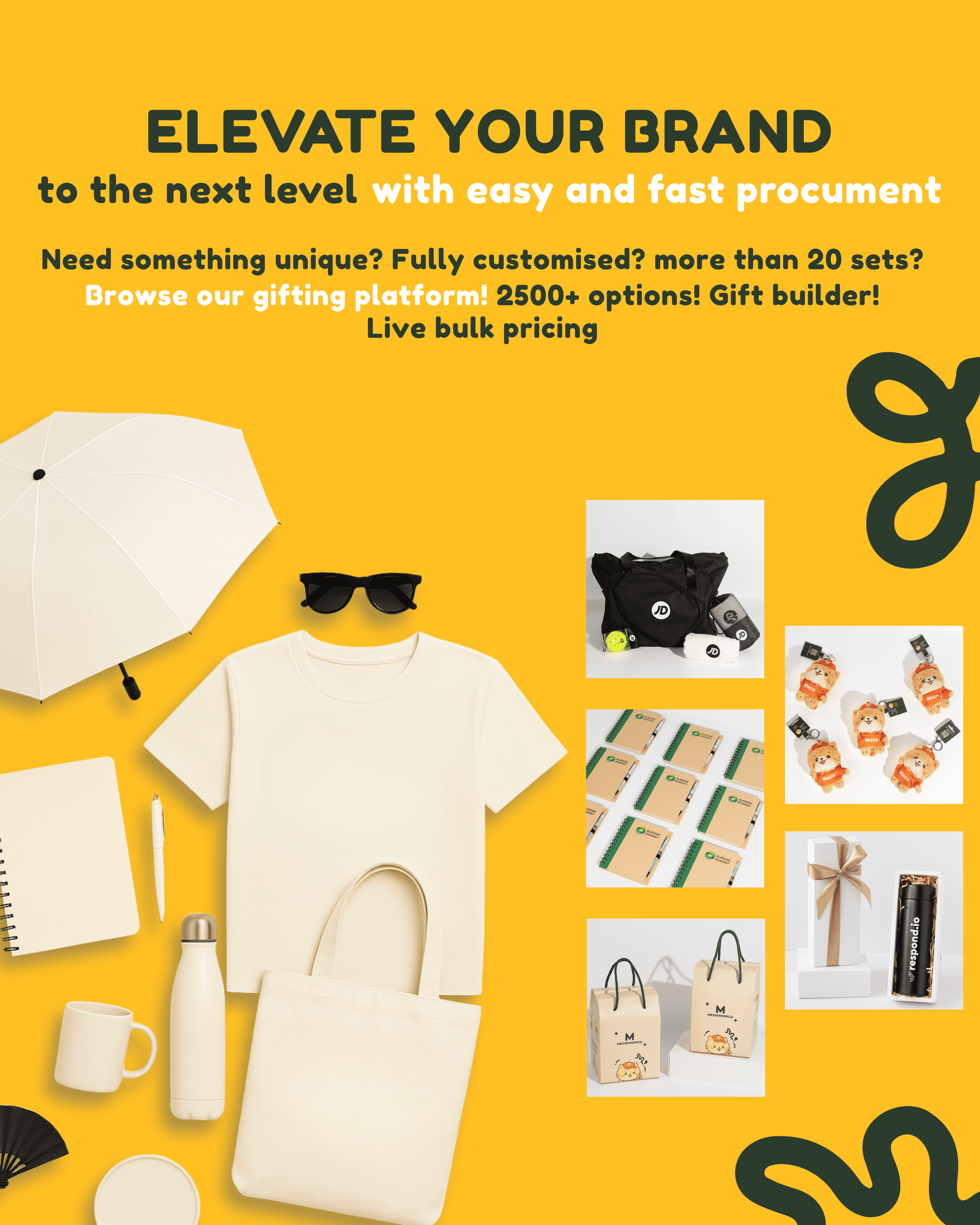 merchandise collection banner with orange background with scattered company swag.