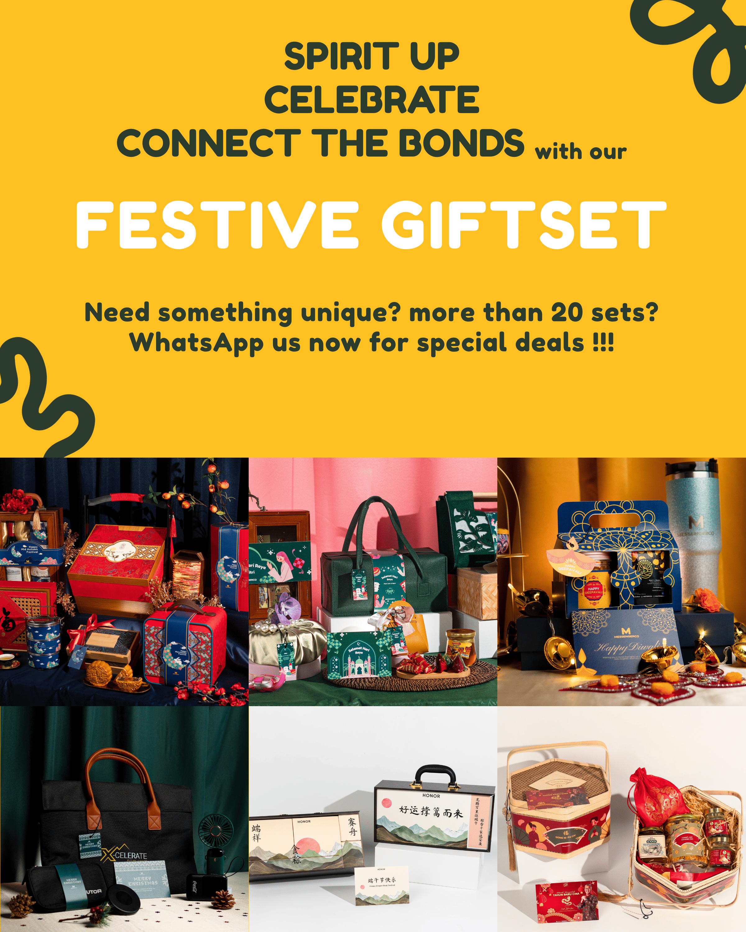 festive gift collection banner with orange background with gift sets shown.