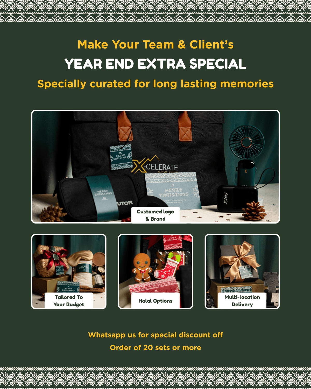 christmas gift set collection banner with green background with gift sets shown with text written: custom logo and brand, multi location delivery, halal options, tailored to your budget.
