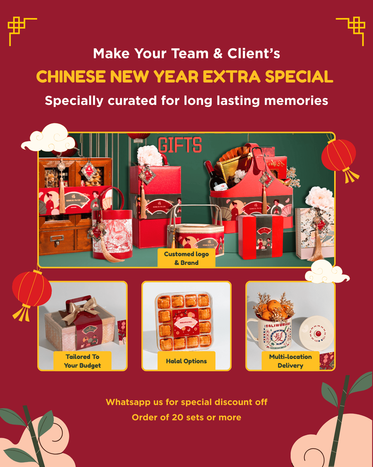 cny gift set collection banner with red background with gift sets shown with text written: custom logo and brand, multi location delivery, halal options, tailored to your budget.