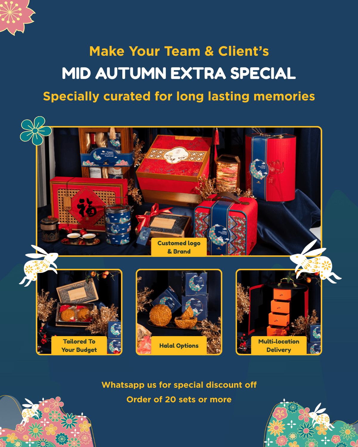 mid autumn mooncake gift set collection banner with blue background with gift sets shown with text written: custom logo and brand, multi location delivery, halal options, tailored to your budget.