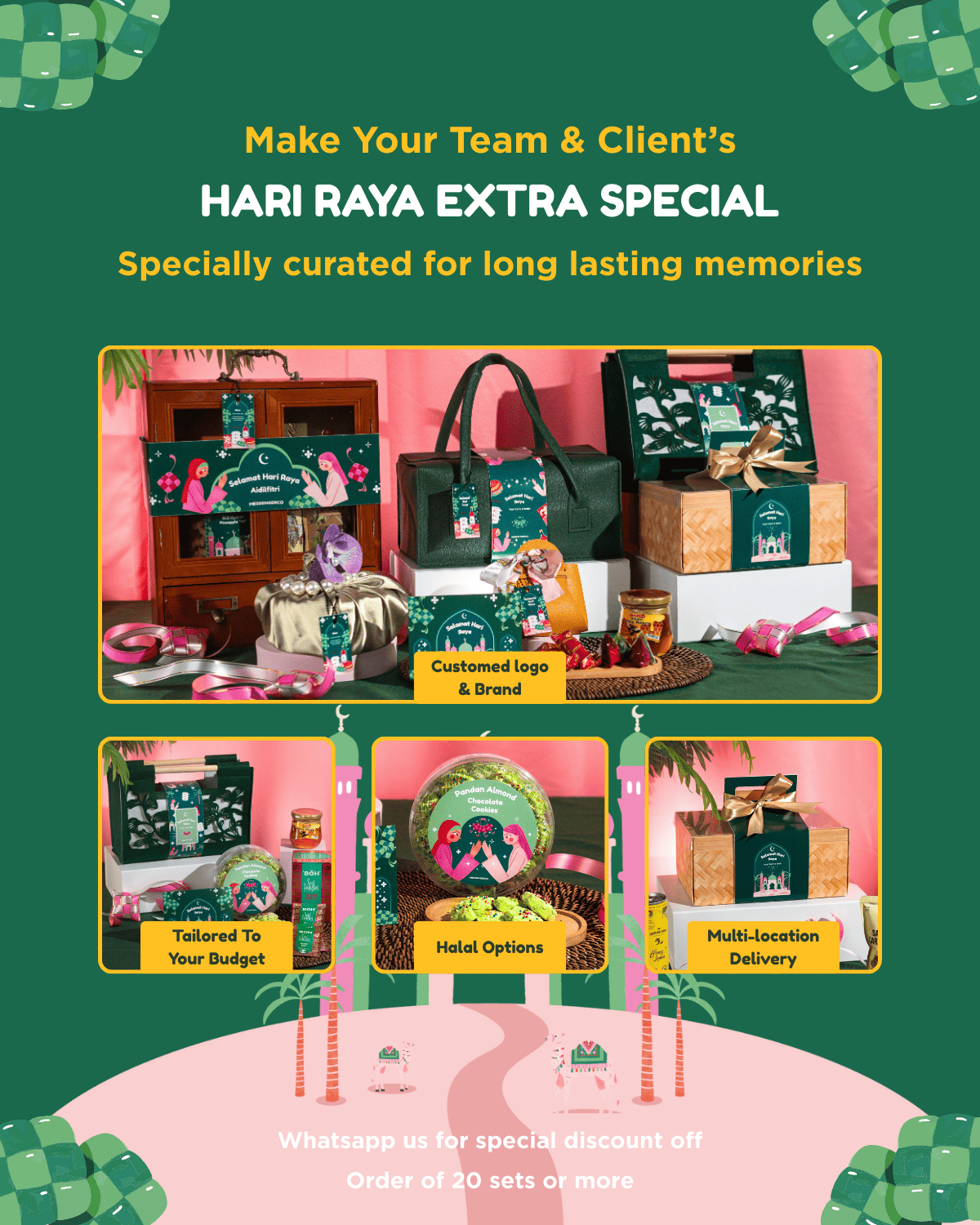 raya gift set collection banner with green background with gift sets shown with text written: custom logo and brand, multi location delivery, halal options, tailored to your budget.
