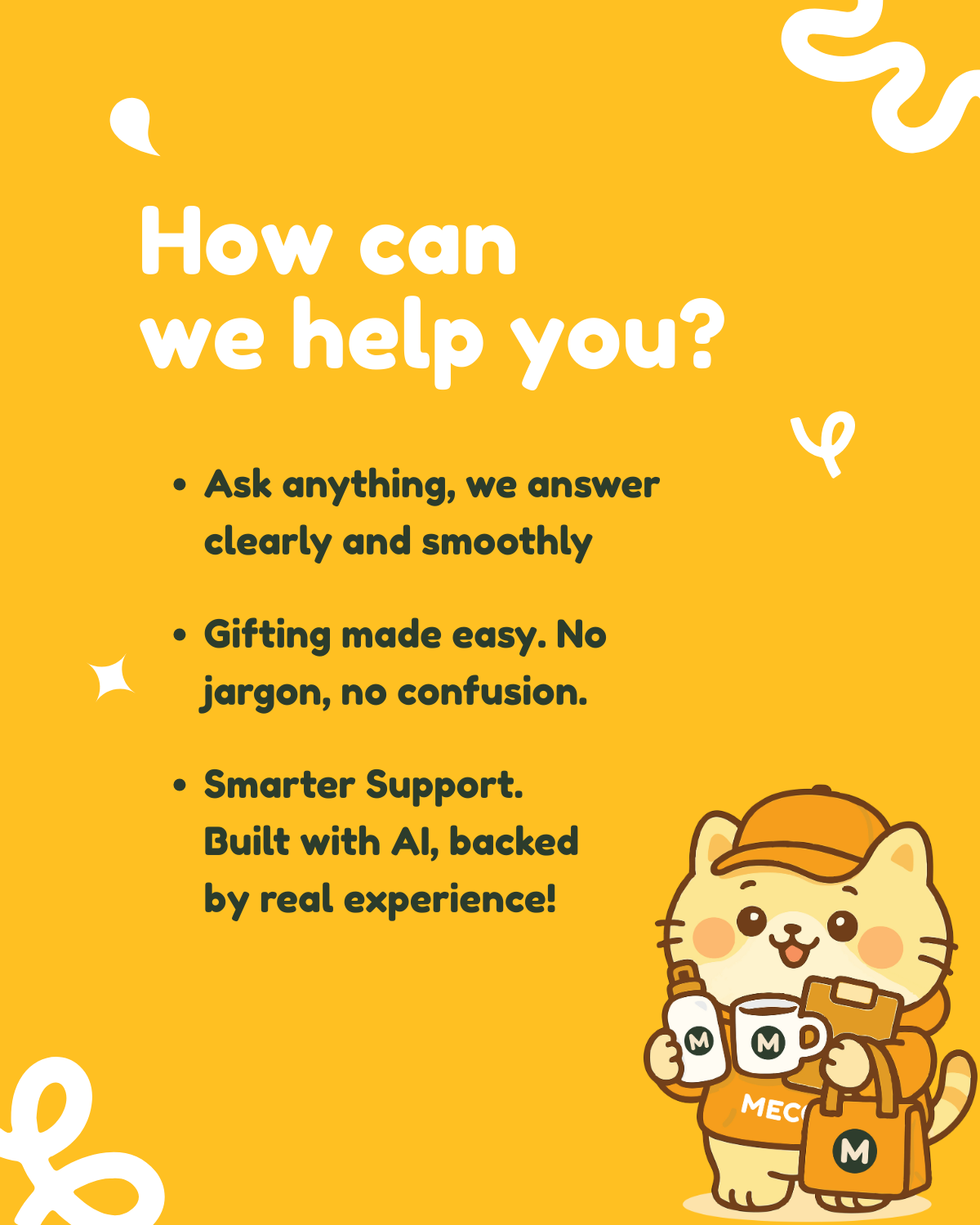 banner with text how can we help you with meco mascot holding merchandise