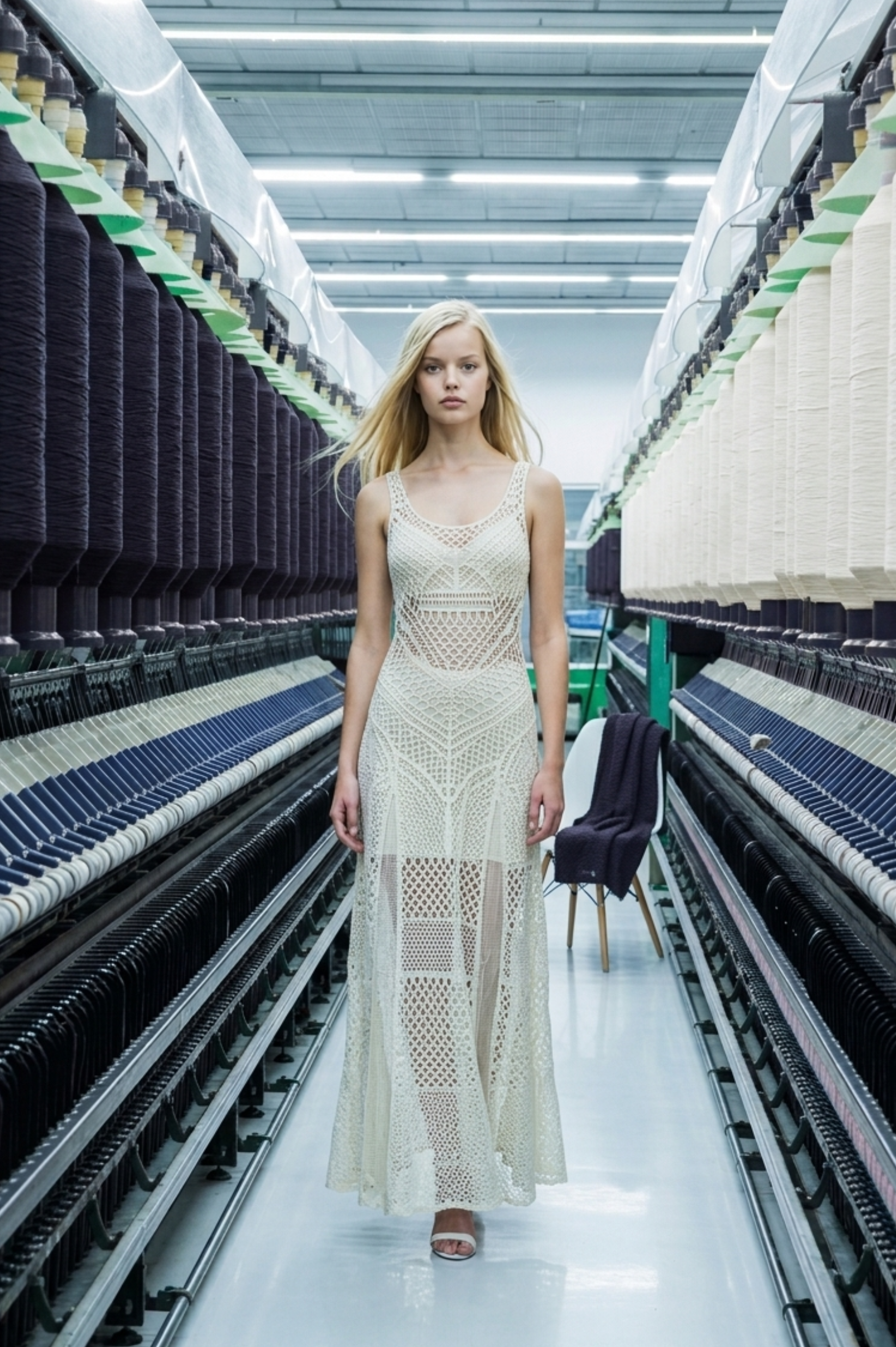 Modelo em vestido de malharia retilínea na fábrica