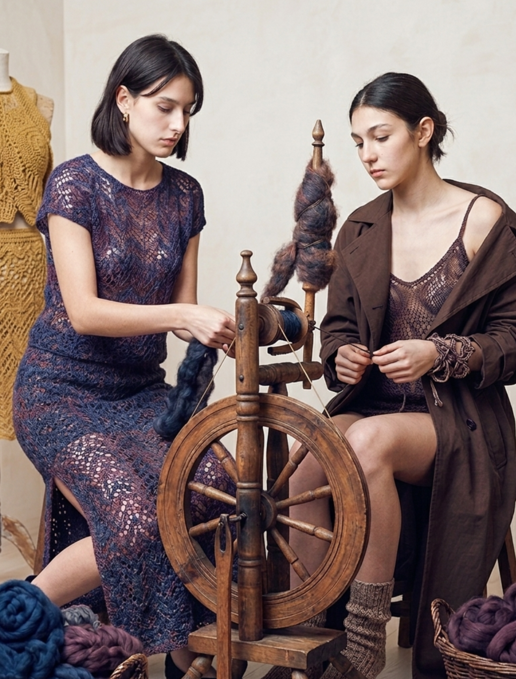 Artesãs trabalhando com malharia e fios