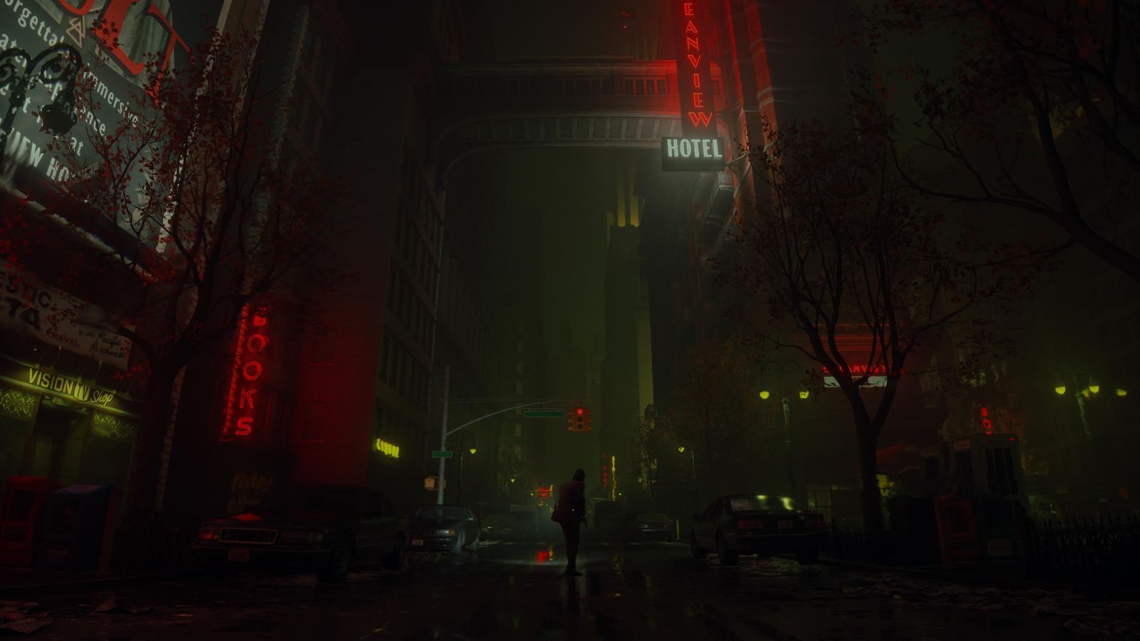 A screenshot of the video game Alan Wake II showing the Dark Place. The image is of a barren street that resembles New York City. It is pitch black with the only illumination coming from a few skyscrapers that line the street.