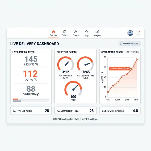 Dashboard showing live orders and queue time metrics
