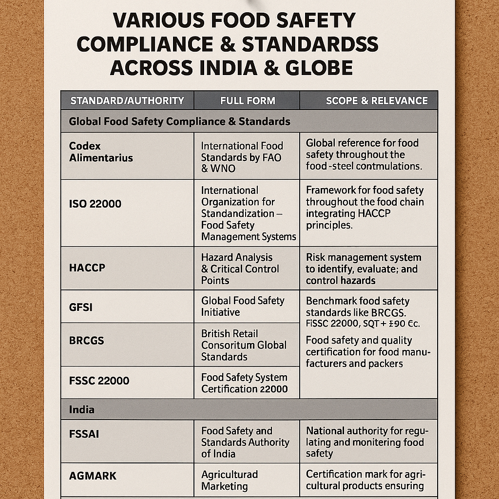 Ultimate List of Various Food Safety Compliance & Standards across India & Globe