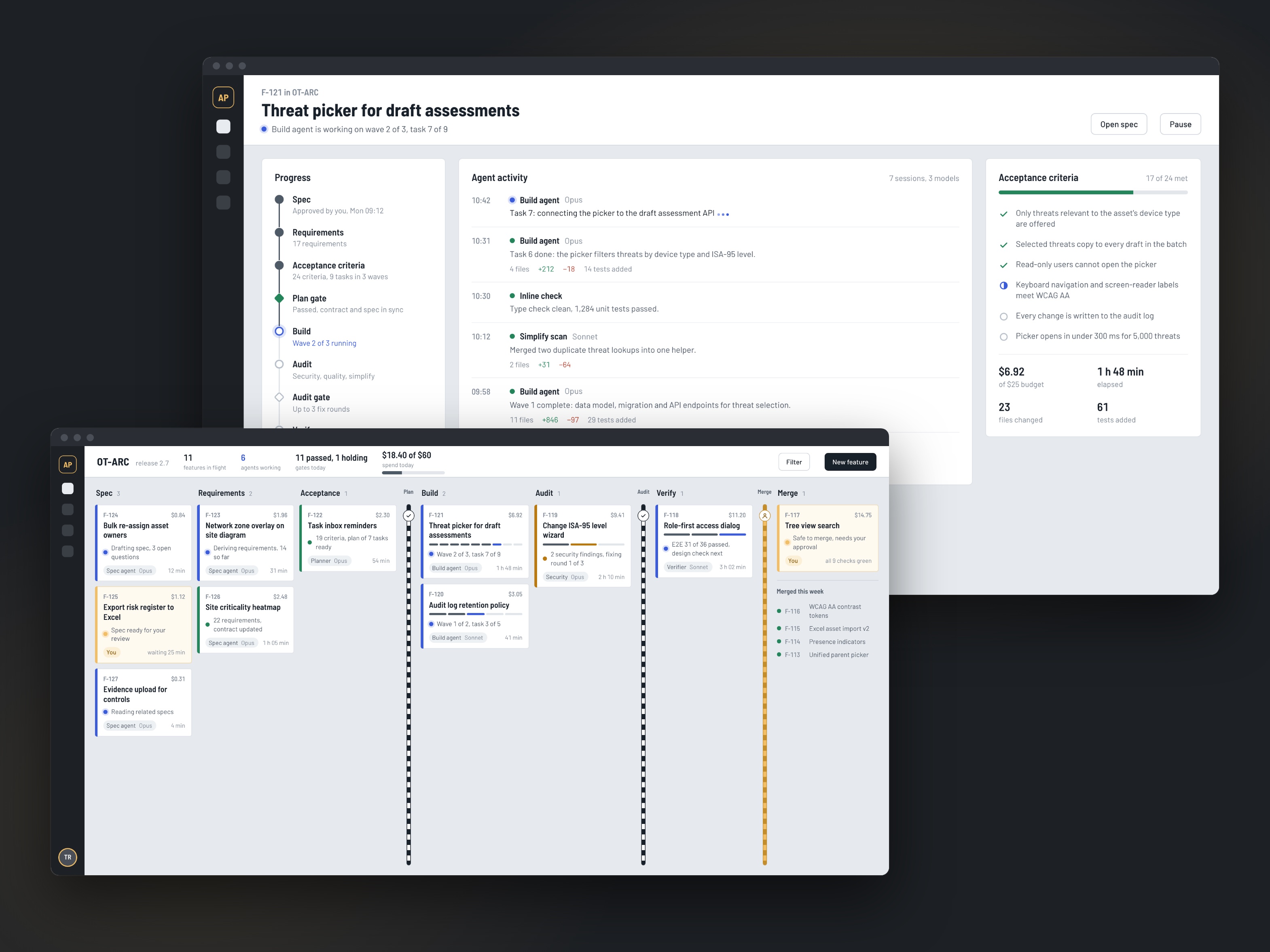 Feature view with agent activity and a merge-gate report