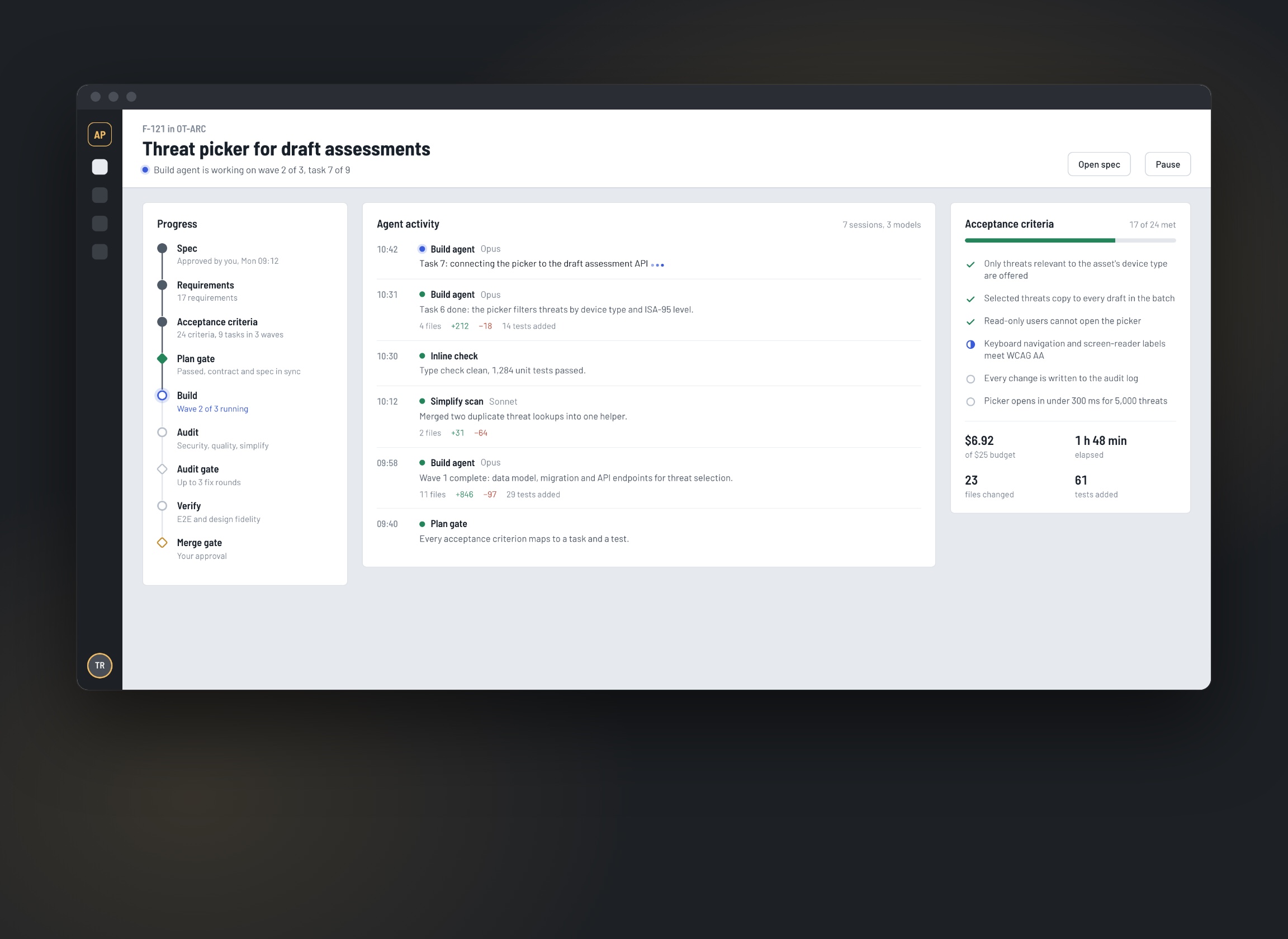 Feature detail with phase track, agent activity and acceptance criteria