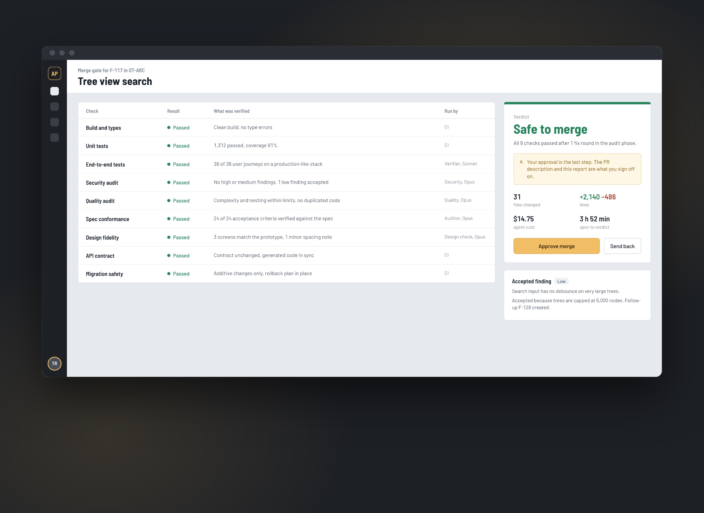 Merge gate report with nine passed checks awaiting approval