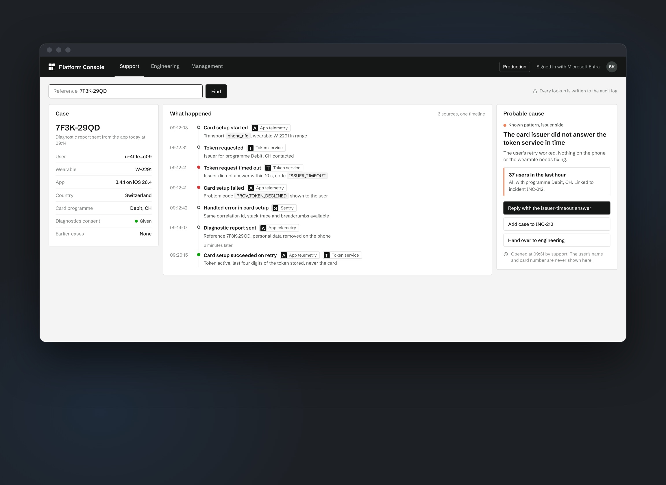 Support case with a timeline across three data sources