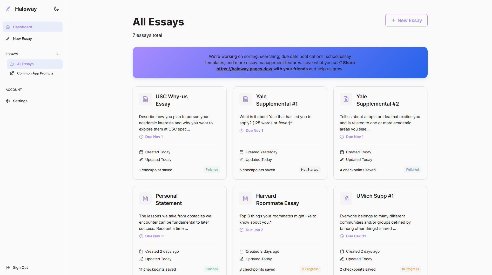 Haloway dashboard showing organized essays