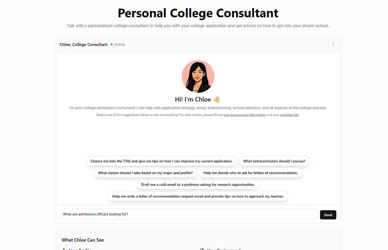 Haloway admissions Q&A interface