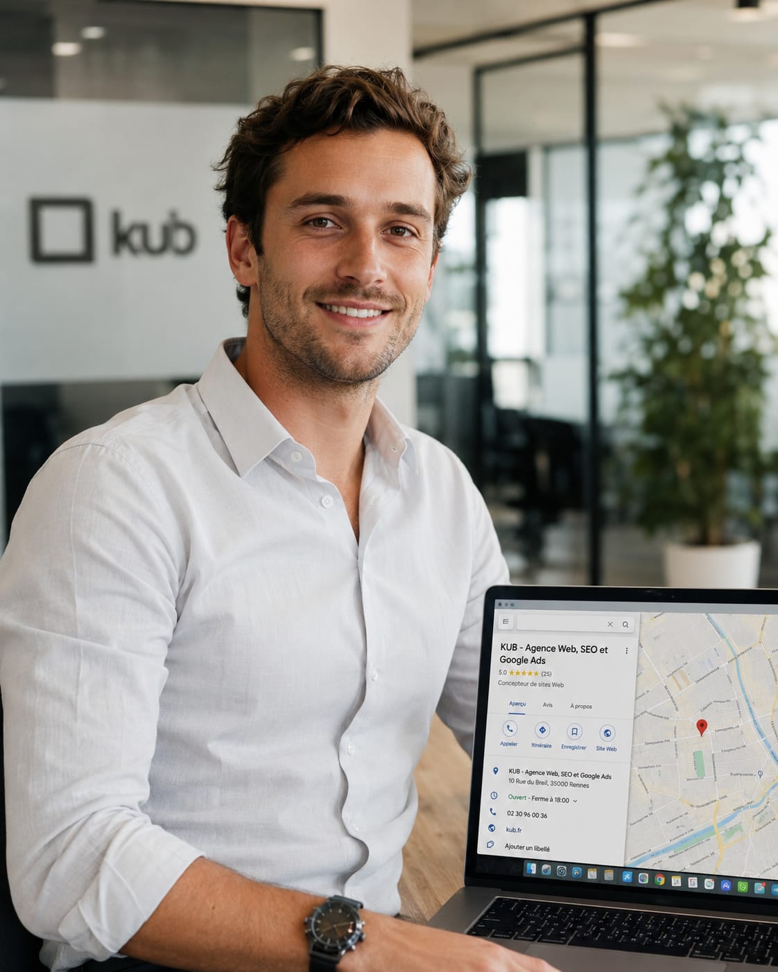 Professionnel consultant sa fiche Google Business optimisée sur ordinateur