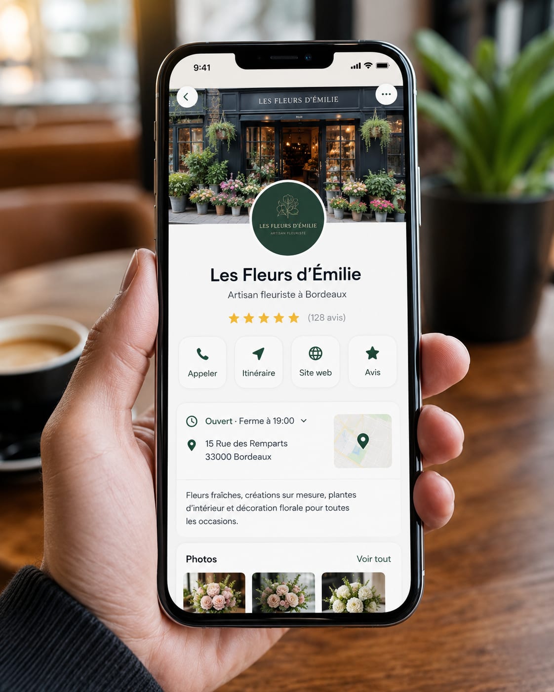 Main tenant un téléphone qui affiche la fiche pro OpenAvis, prête à partager par lien ou QR code