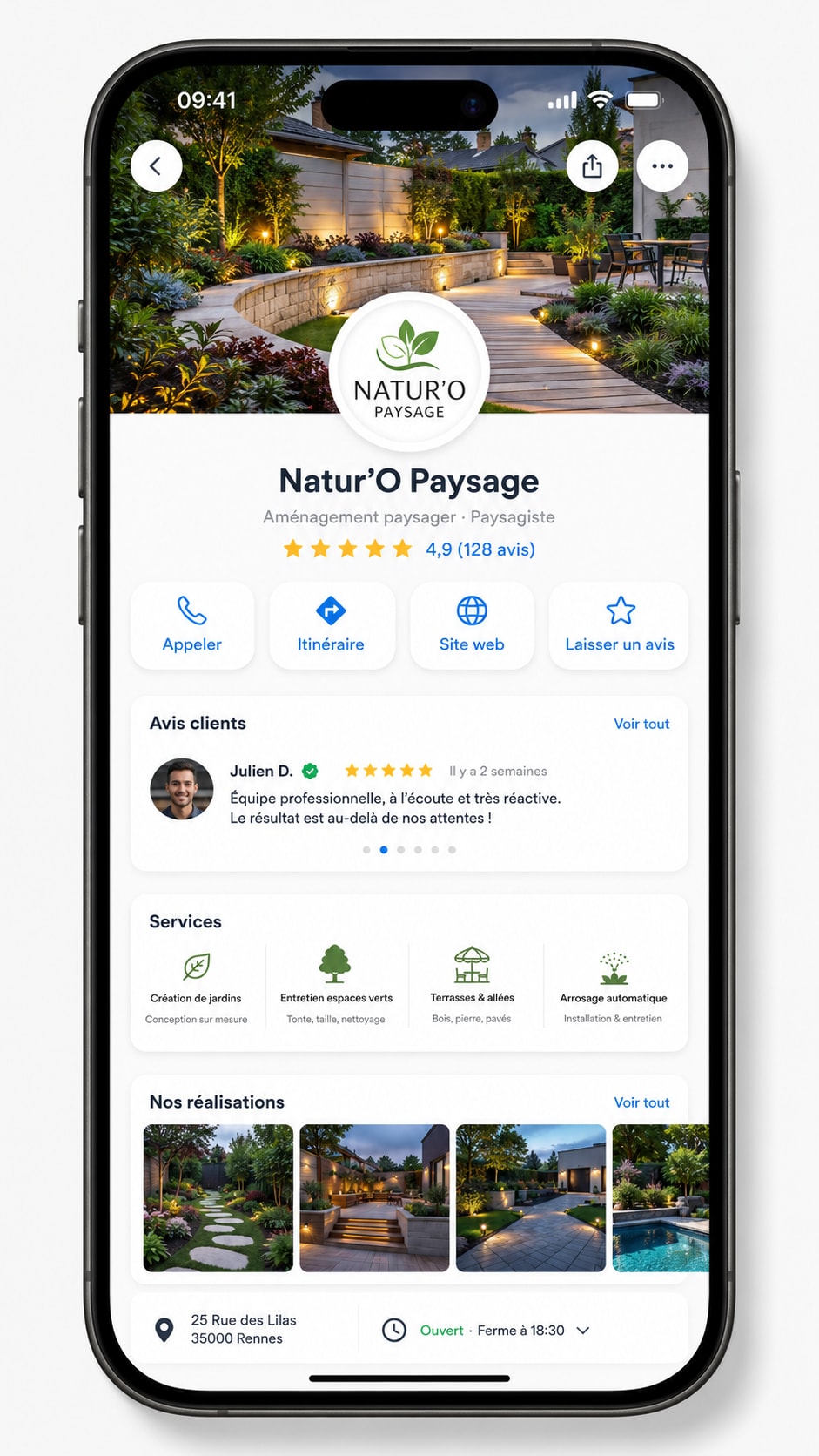 Fiche pro OpenAvis sur téléphone : note en étoiles, avis clients, services et réalisations, comme une fiche Google