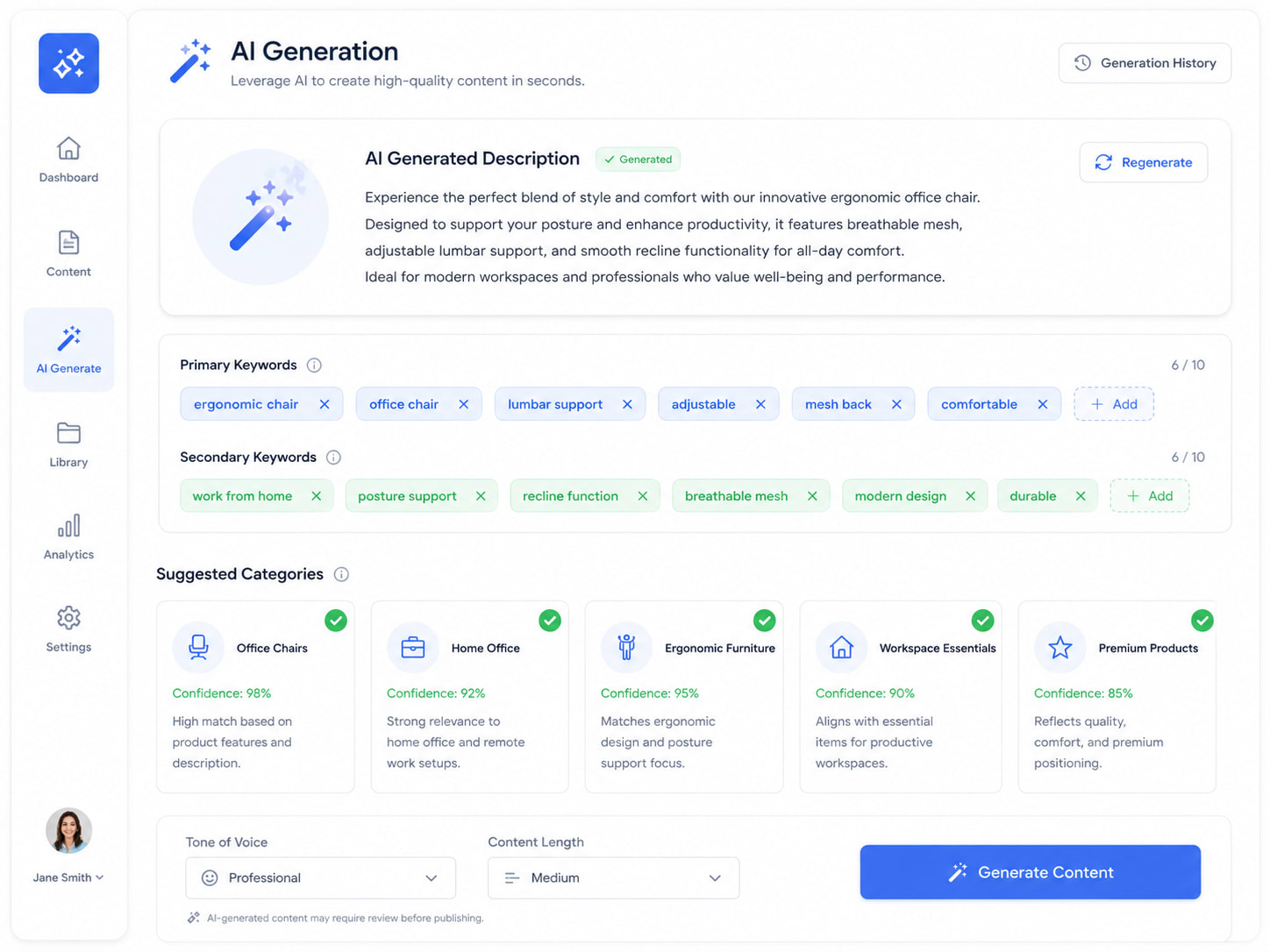 Panneau de génération IA : description SEO, mots-clés locaux et catégories Google Business Profile optimisés