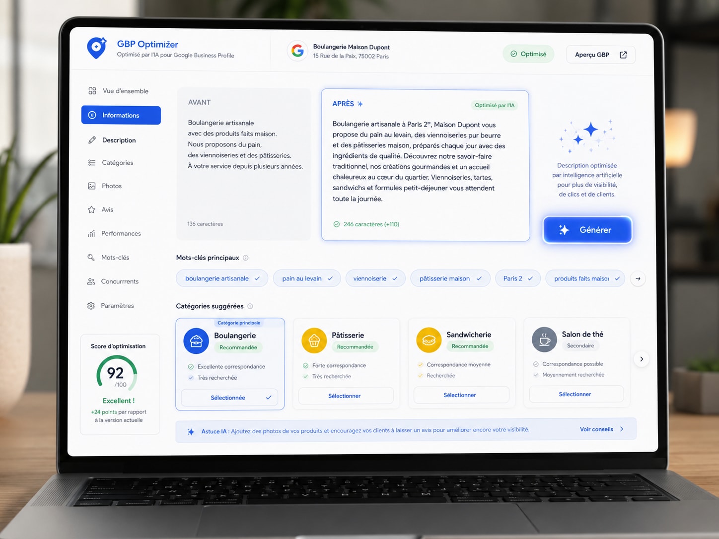 Optimiseur de fiche Google Business par IA : description SEO, mots-clés et catégories générés en un clic