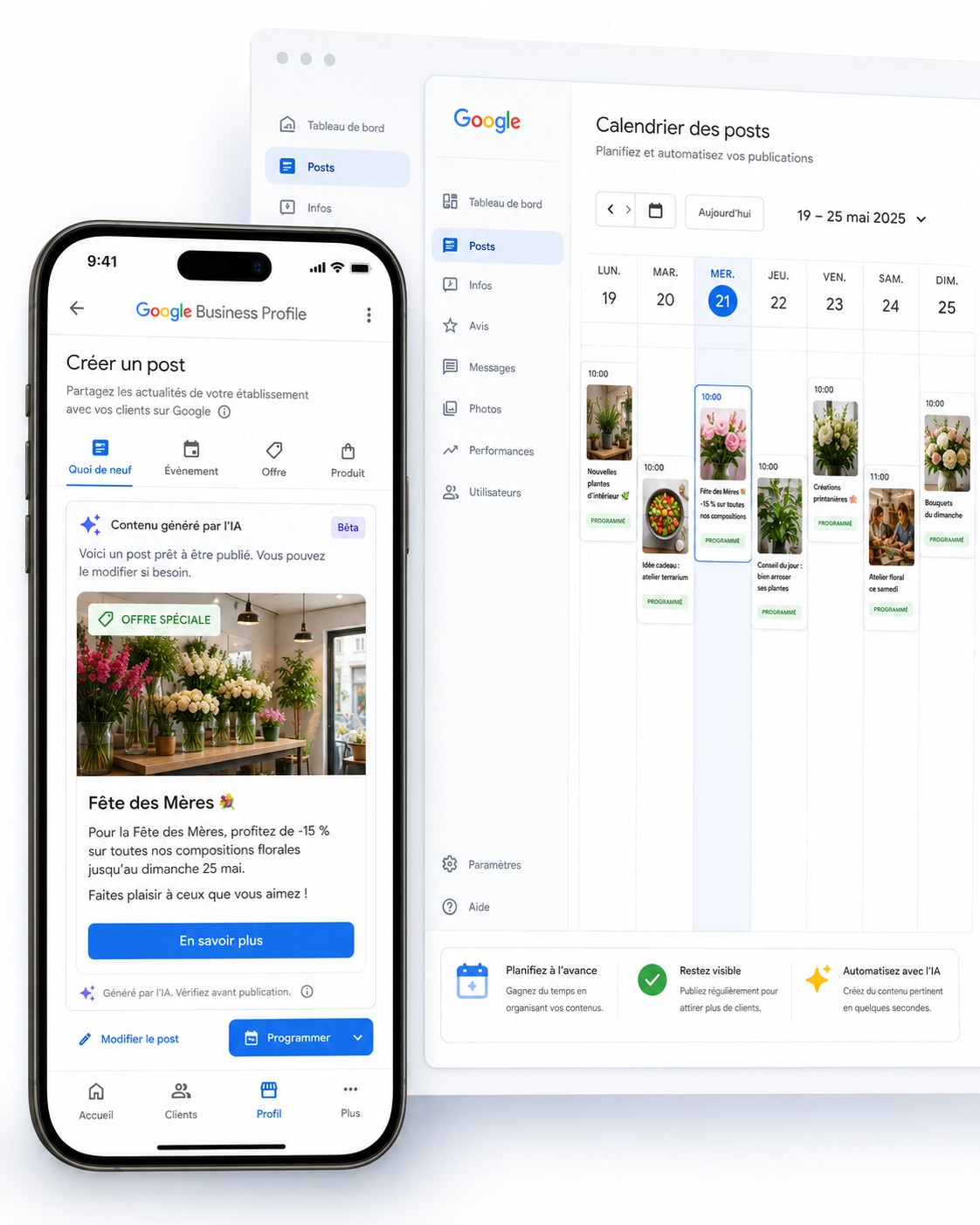 Composeur de publication Google Business et calendrier de planification des posts