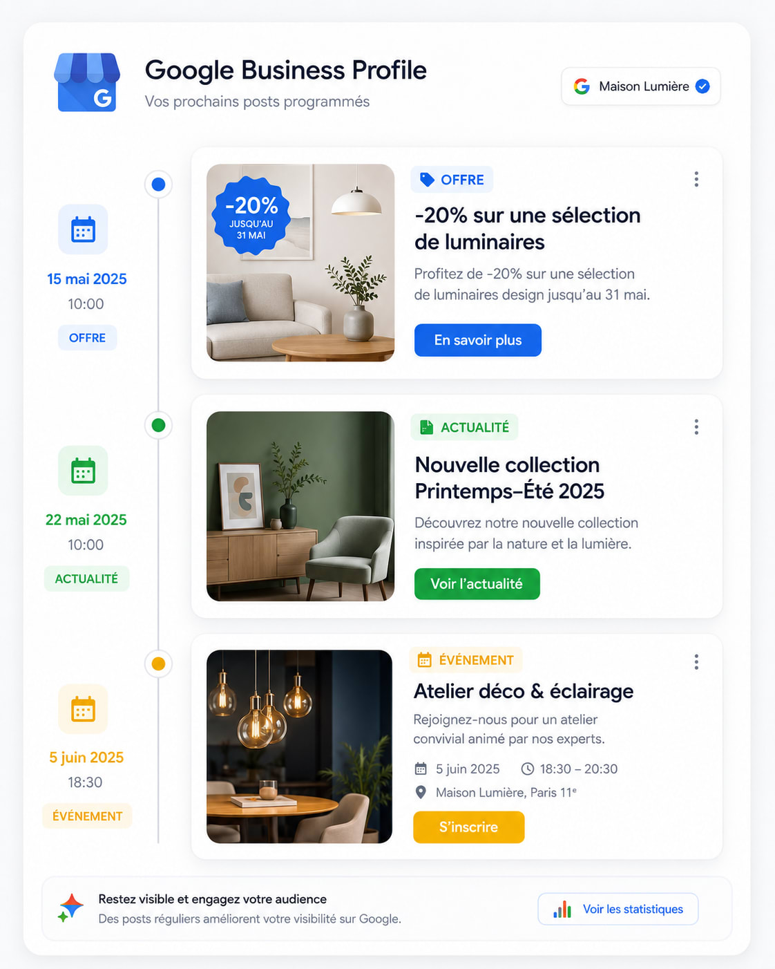 Publications Google Business programmées : offre, actualité, événement sur la fiche