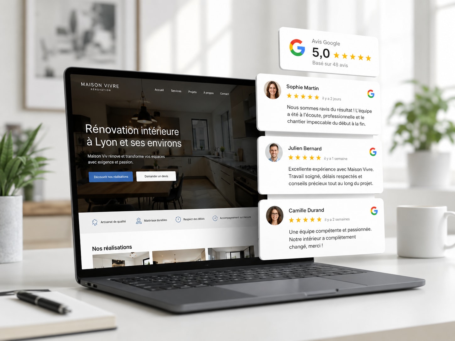 Widget d'avis Google affichant des avis clients 5 étoiles sur un site web avec OpenAvis