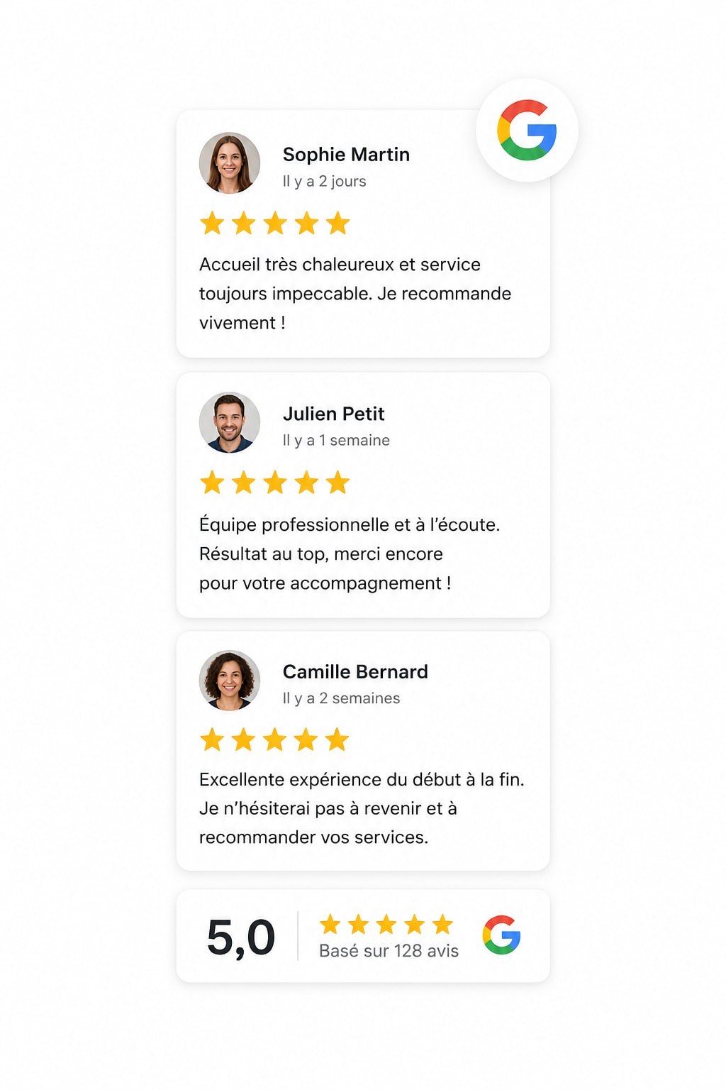 Carrousel d'avis clients vérifiés avec note Google 5 étoiles affiché par le widget OpenAvis