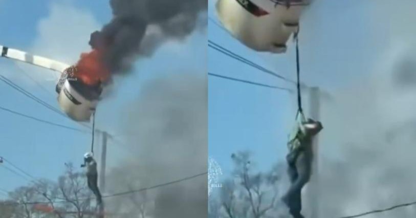 Hombre queda colgado de un arnés en medio de un incendio