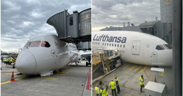 Colapsa avión tras caer tren de aterrizaje delantero en Aeropuerto de Fráncfort