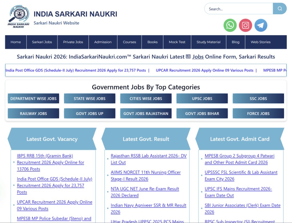 India Sarkari Naukri government jobs portal homepage