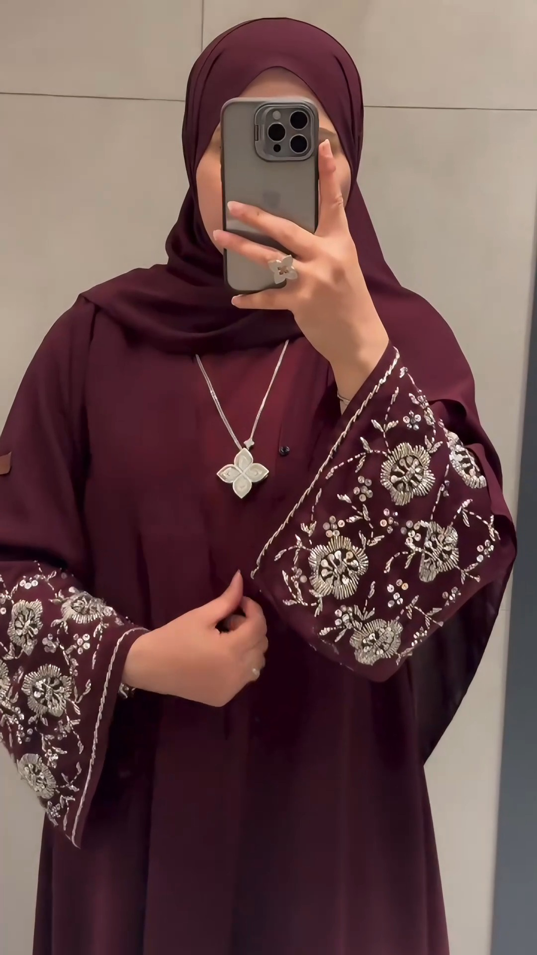 Royal Burgundy Abaya with Silver Embroidery