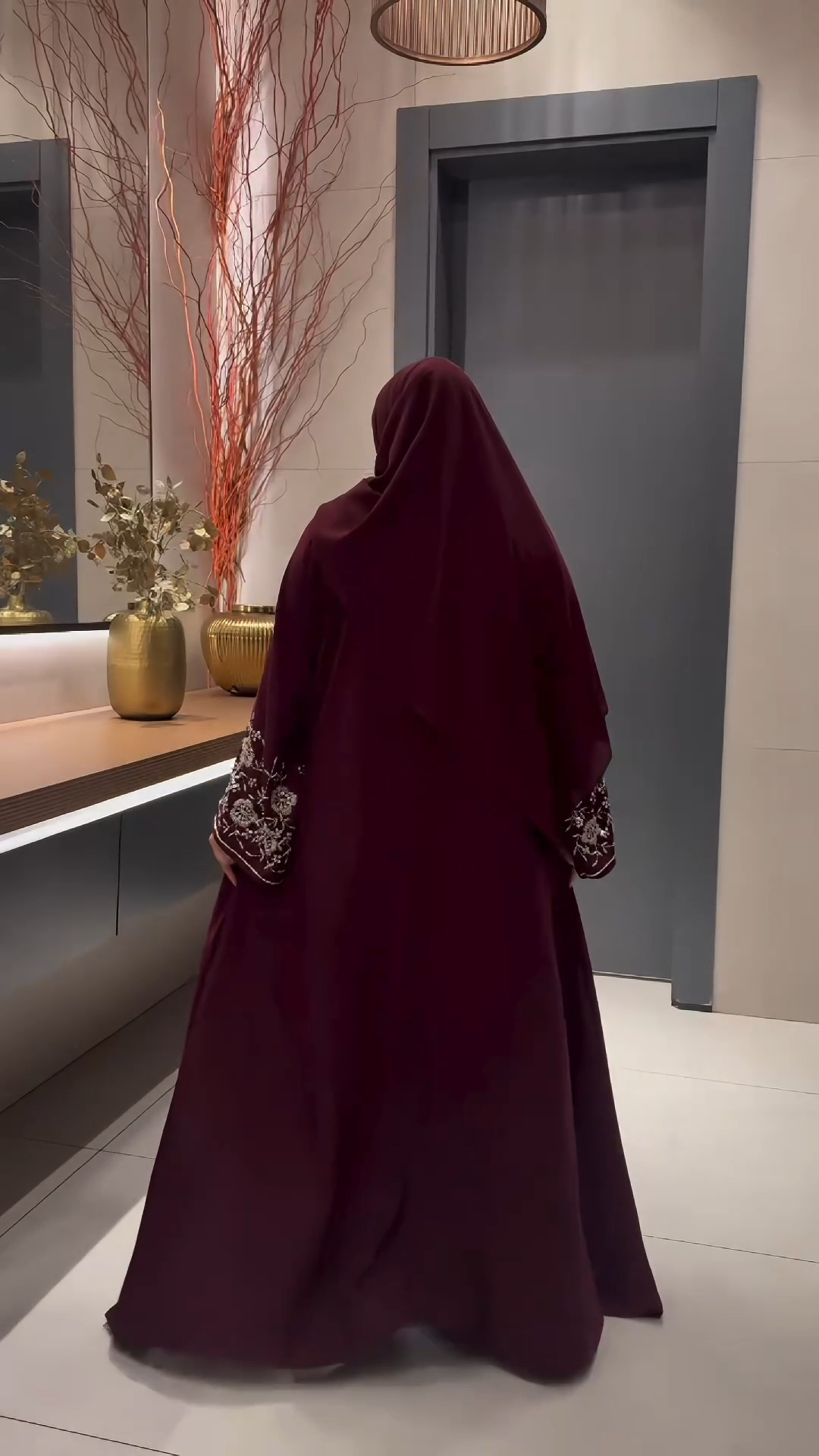 Royal Burgundy Abaya with Silver Embroidery