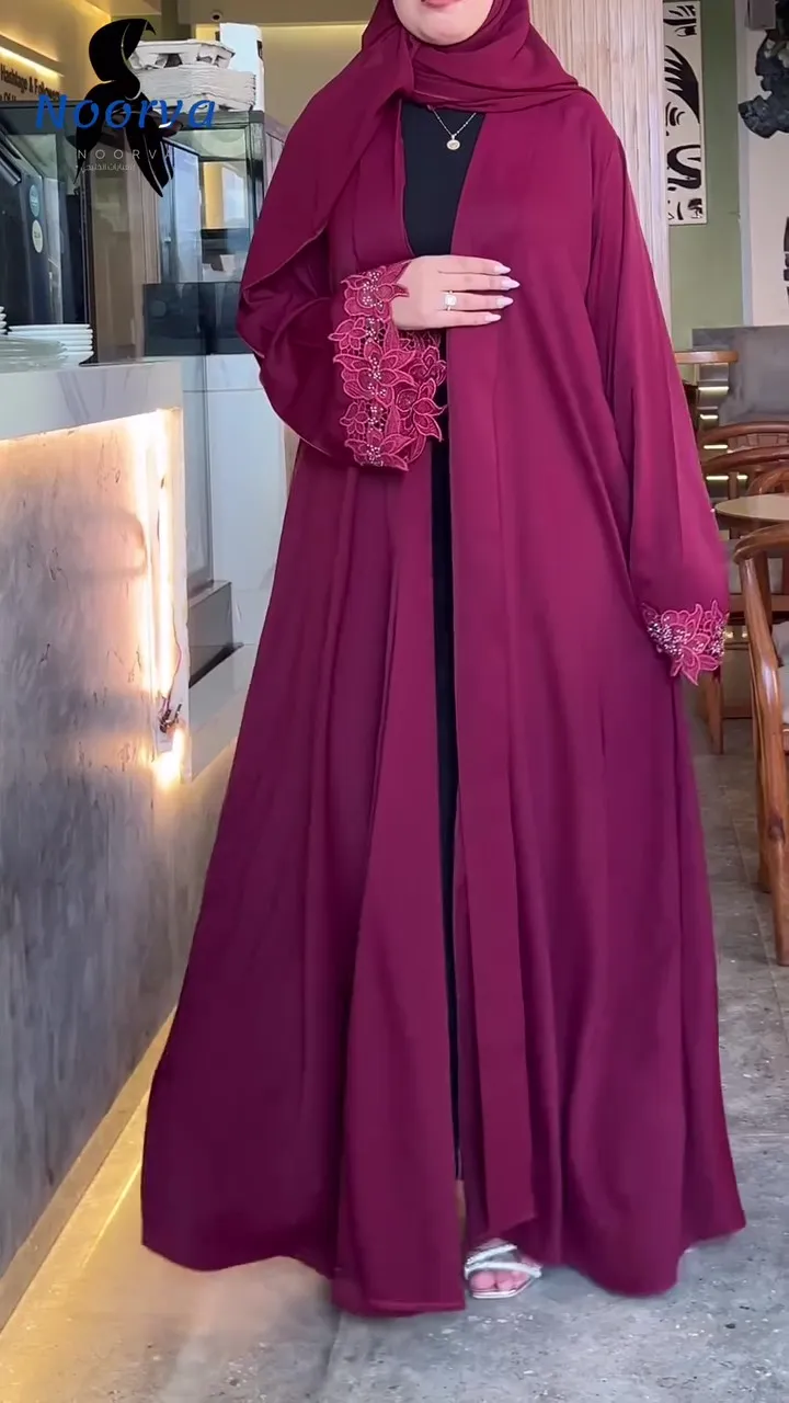 Burgundy Abaya with Floral Embroidery & Crystal Cuffs - Classic Elegant Cut