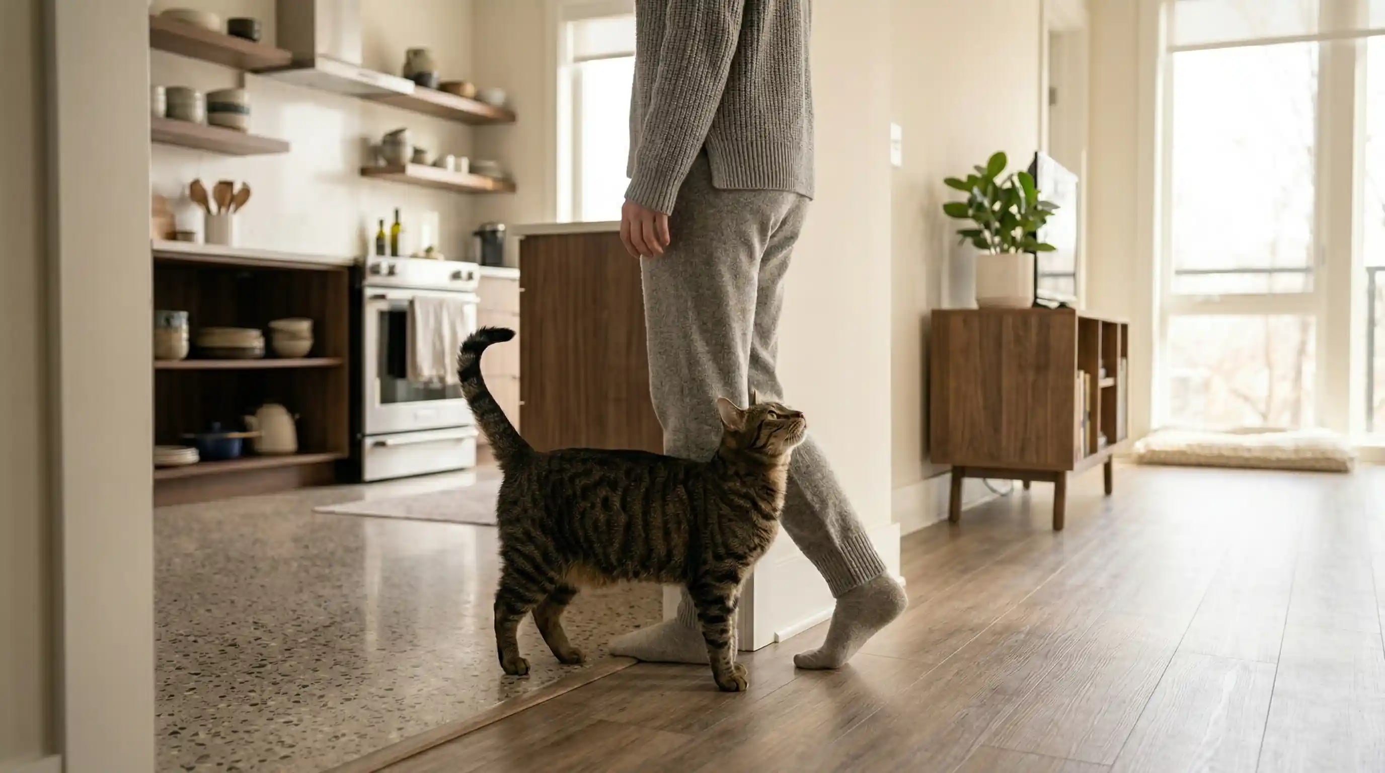 A cat following its owner down a hallway in a warm apartment