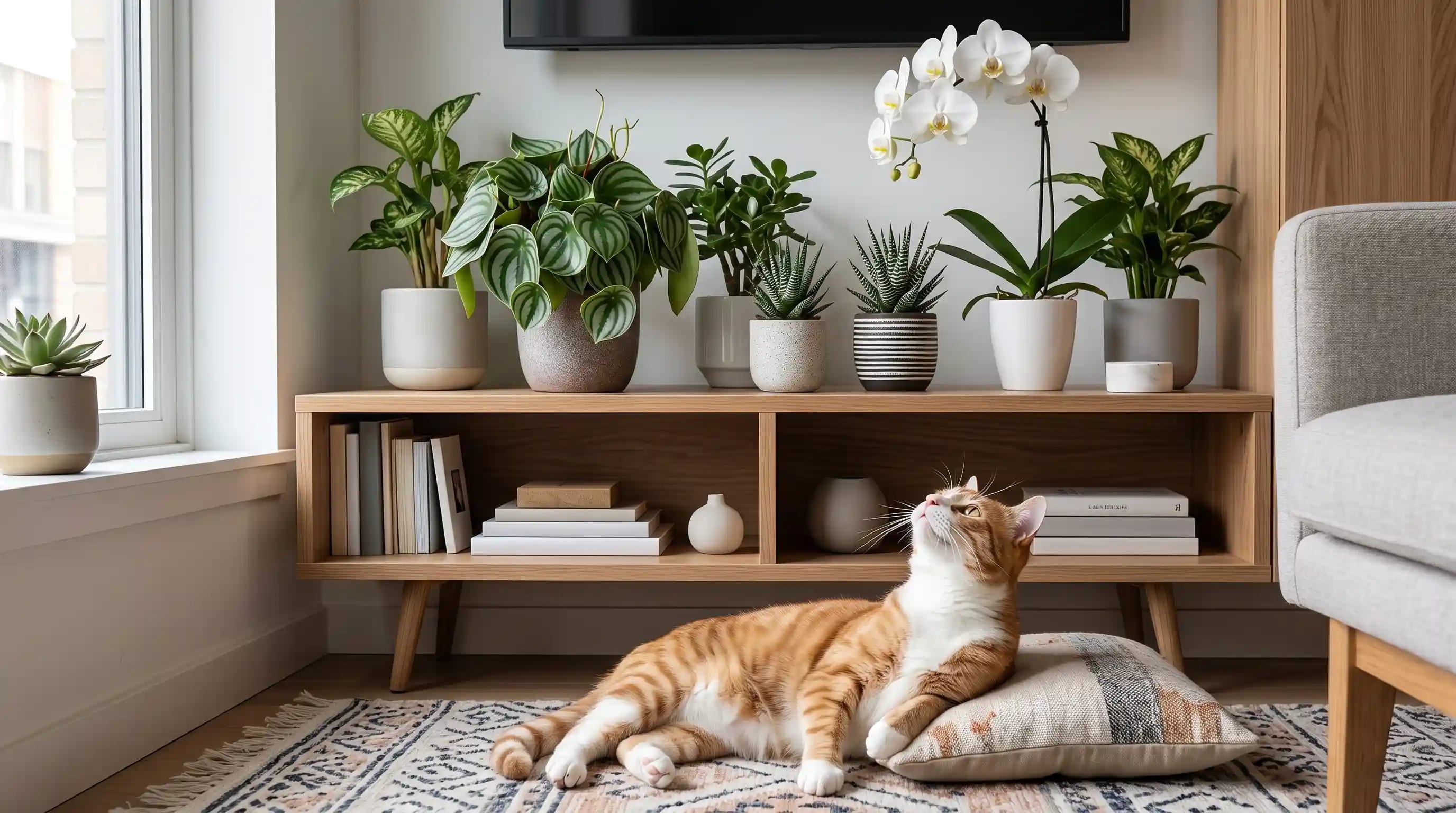 A shelf styled with cat-safe apartment plants like peperomia, haworthia, and orchid while a cat lounges below
