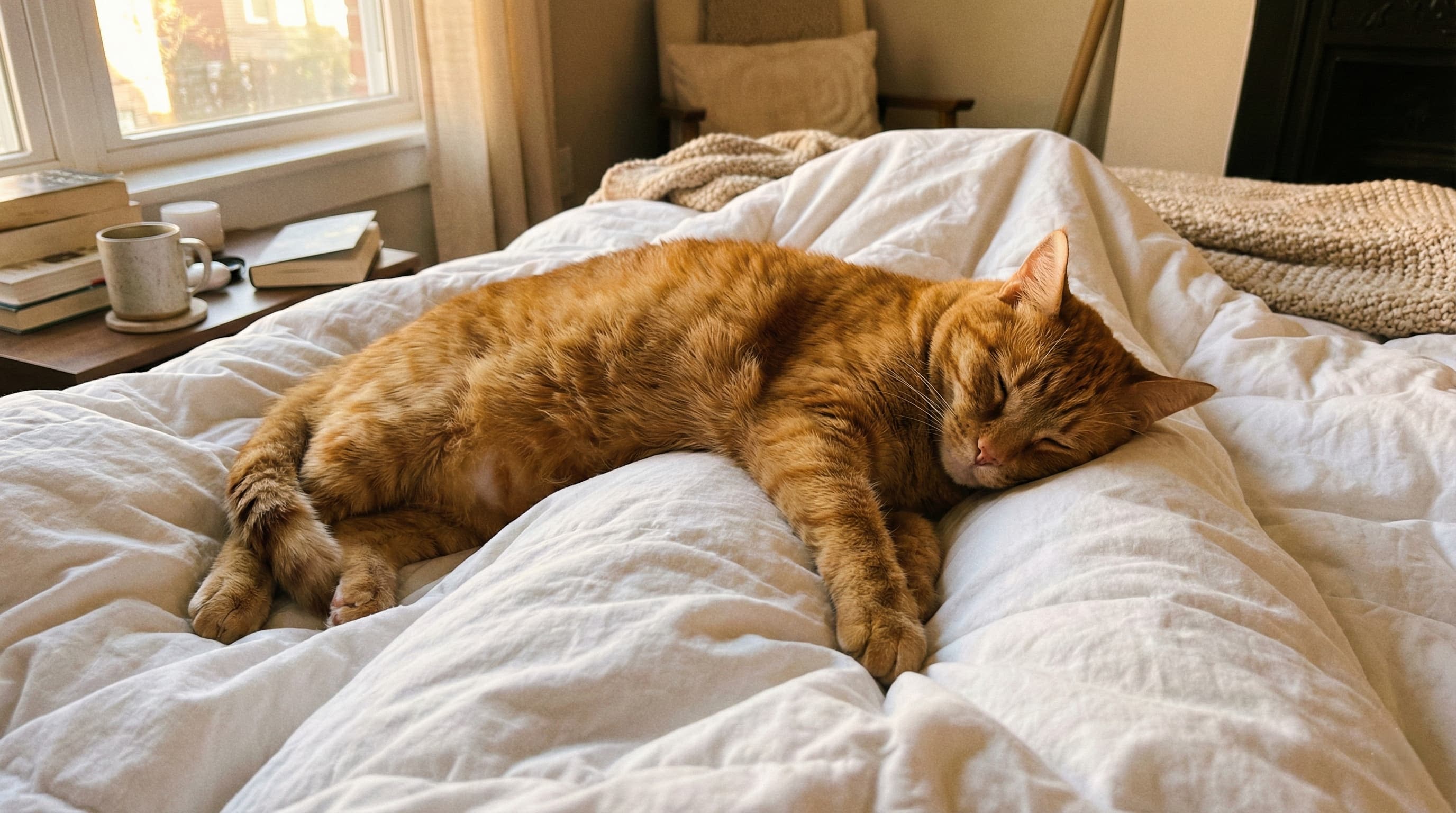POV shot of a cat sleeping on its owner's legs