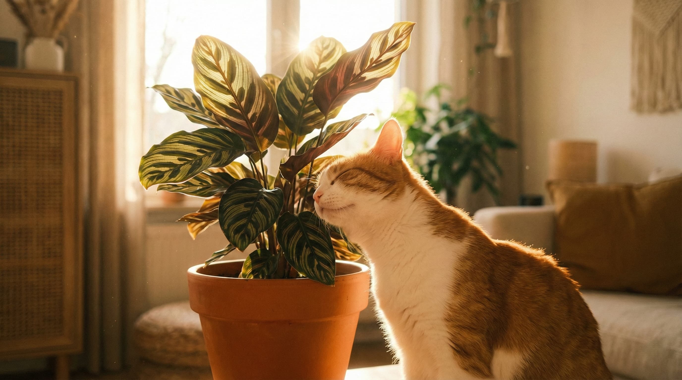 A cat resting near a safe Calathea plant