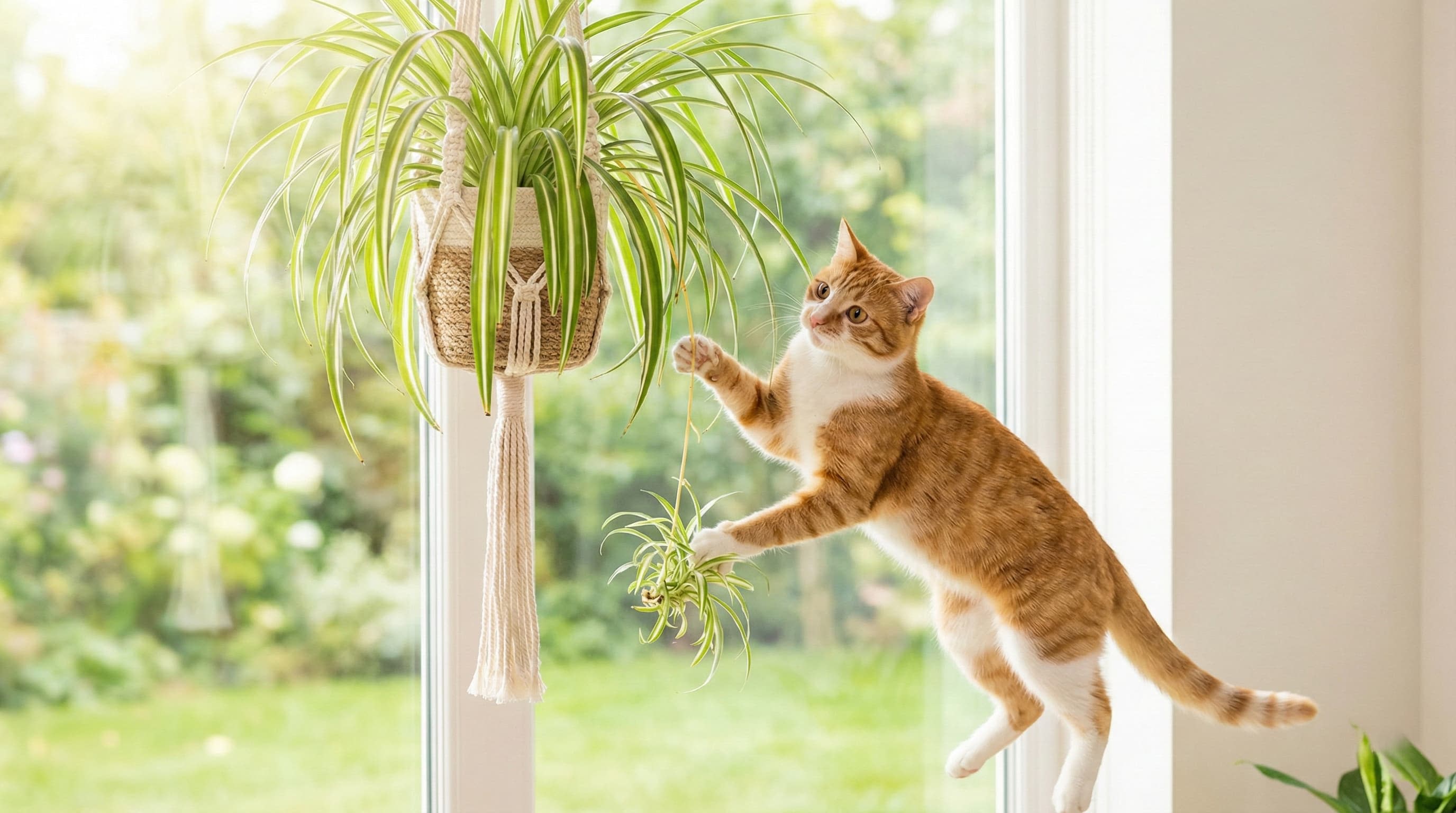 A playful cat batting at a spider plant